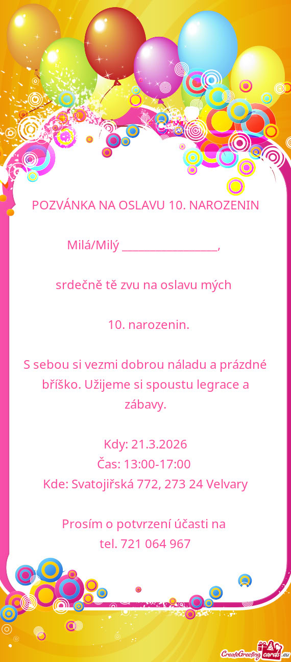 POZVÁNKA NA OSLAVU 10. NAROZENIN